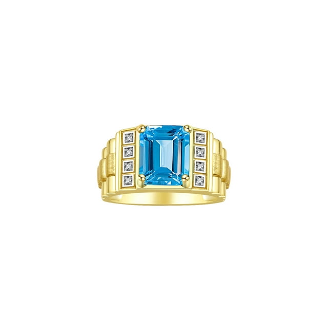 RYLOS Men's Rings 14K Yellow Gold Designer Style 10X8MM Emerald Cut Shape Gemstone & Diamonds Blue Topaz December Birthstone Rings For Men Size 11