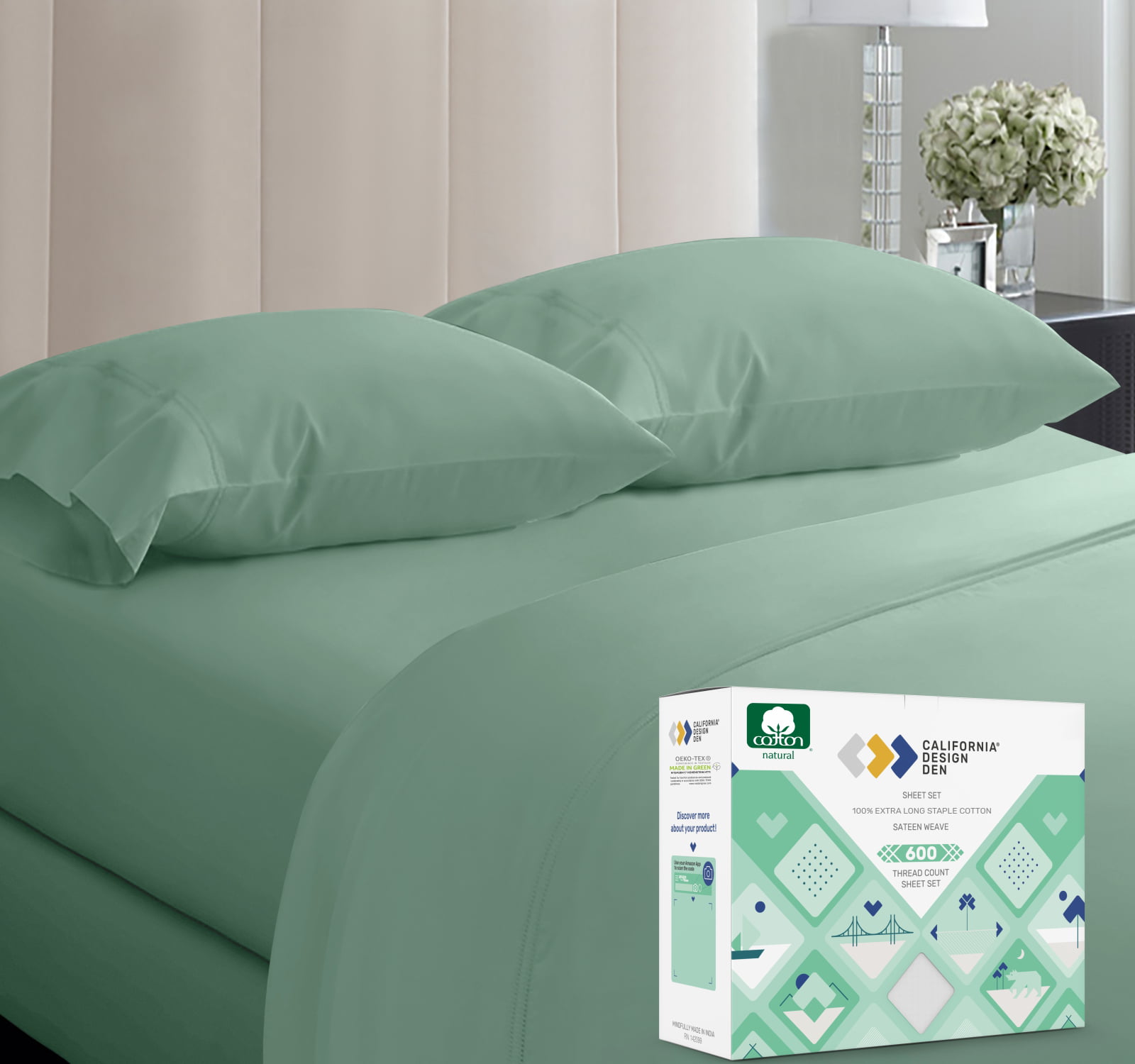 Extra Deep Pocket 1 PCs Fitted Sheet Sage Solid 600 TC Egyptian Cotton 