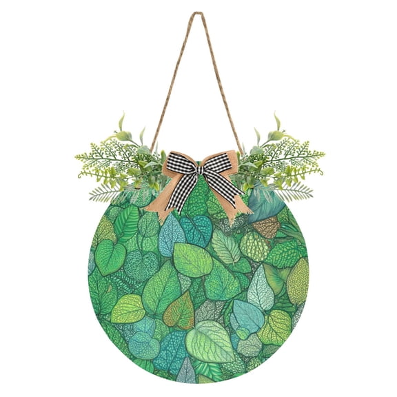 Textured Green Leaves Print Front Door Porch Decoration Hanging Sign with Artificial Green Plants and Bow for Home Outdoor Indoor