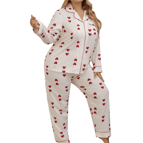 Women's Pajamas Set Comfy Cute Heart Printed Lounge Sets Two Piece Long Sleeve Pjs Soft Sleepwear