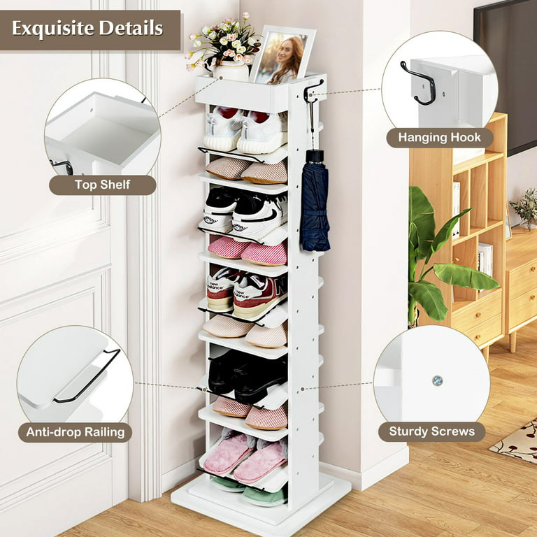 Giantex 360° Free Rotating 10-Tier Shoe Rack, Vertical Wood Shoe Storage  Shelves w/Hooks & Extra Top Storage, Free Standing Perfect for Narrow Closet,  Entryway (White) 