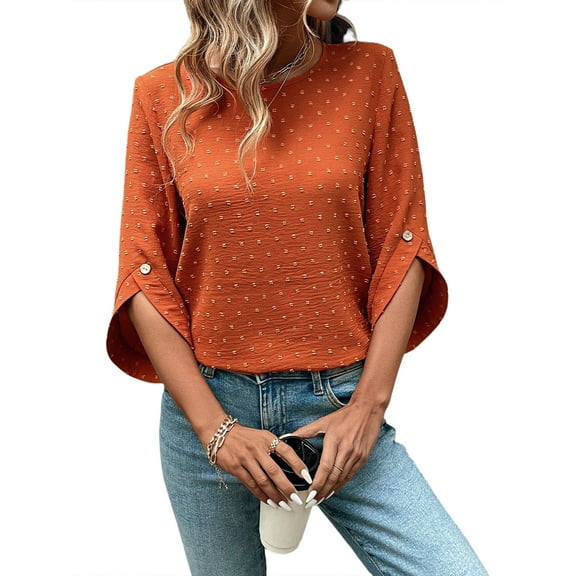 OYOANGLE Women's Swiss Dots Short Sleeve Shirts Chiffon Blouse Summer Tops Orange S