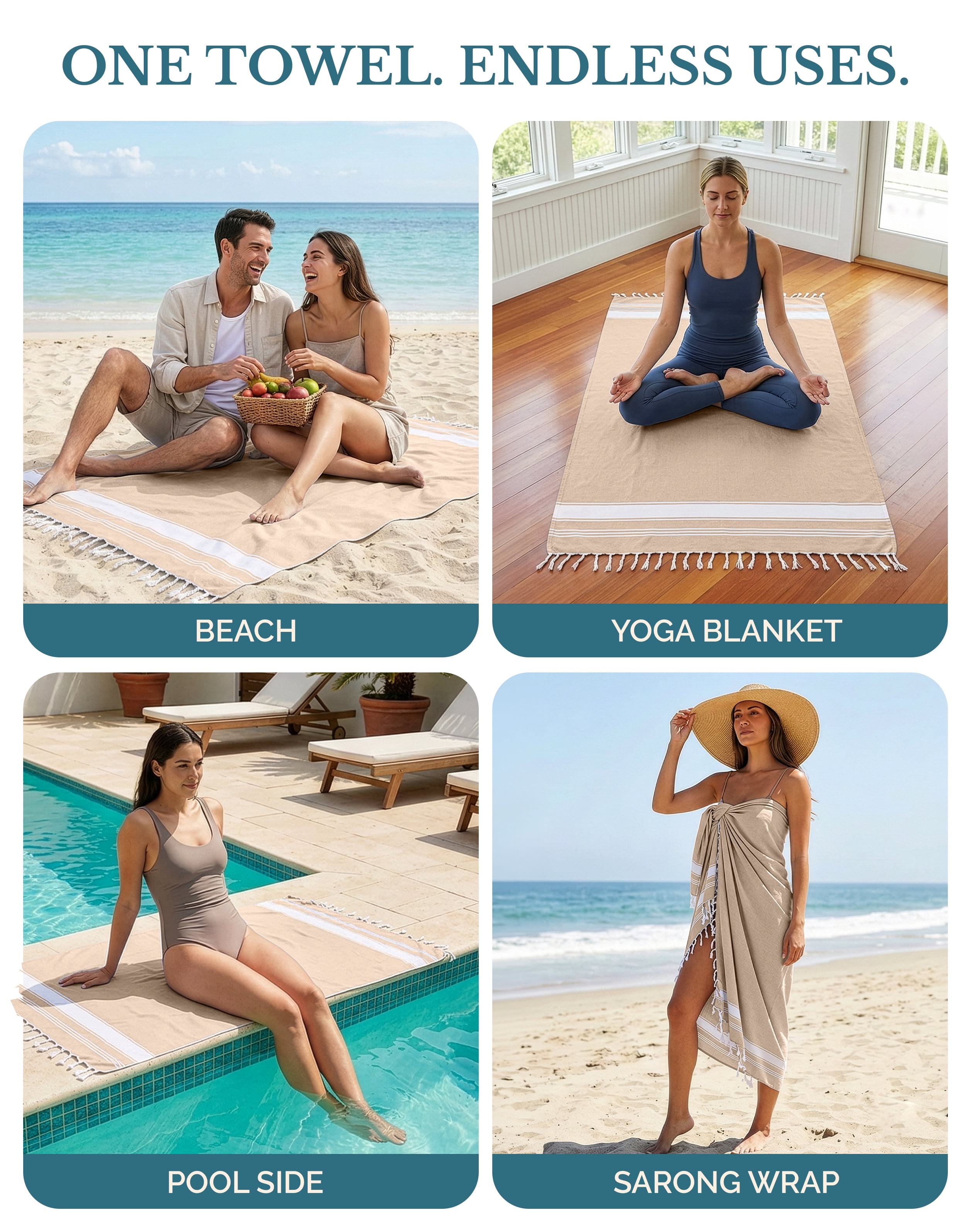 Casa Platino Cotton Beach Towels 4 Pack – Oversized, Sand Free, Ideal for Travel and Family Fun at the Beach – Beige