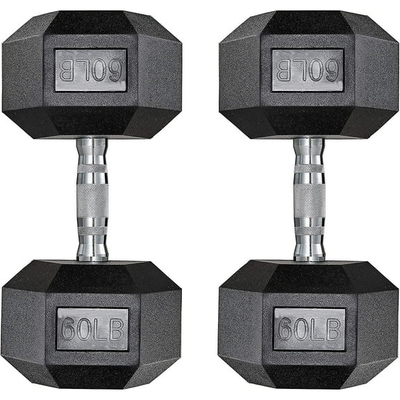 Pirecart Dumbbells Rubber Coated Cast Iron Hex Black Dumbbell Workout Dumbbell Set, 60lbs Pair