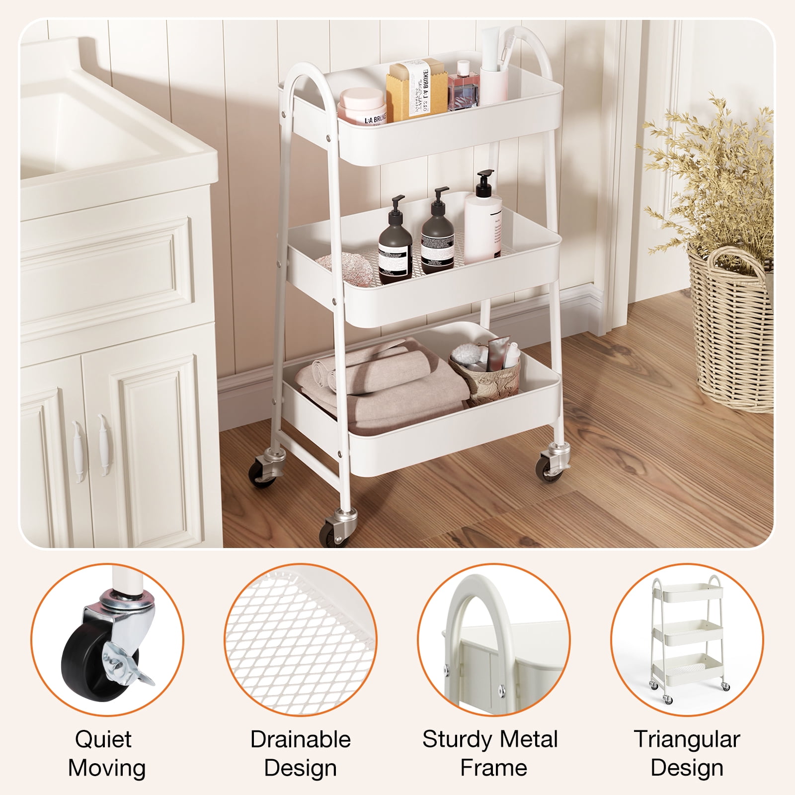 3-Tier Rolling Metal Storage Cart with Locking Casters, Utility Organizer for Kitchen, Bathroom, Laundry, and Office