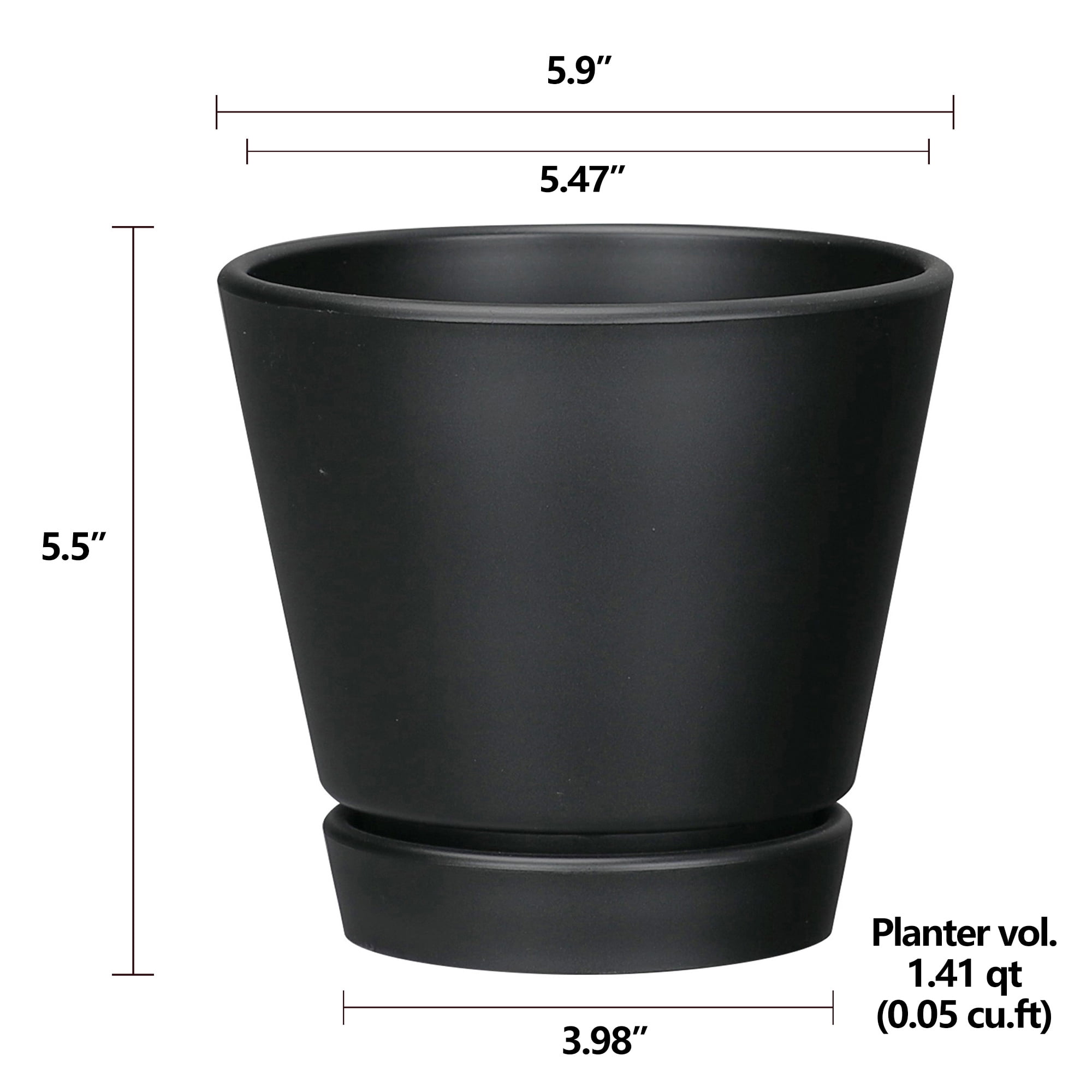 Mainstays Recycled Resin Planter with Attached Saucer, Black, 5.9in x 5.9in x 5.5in