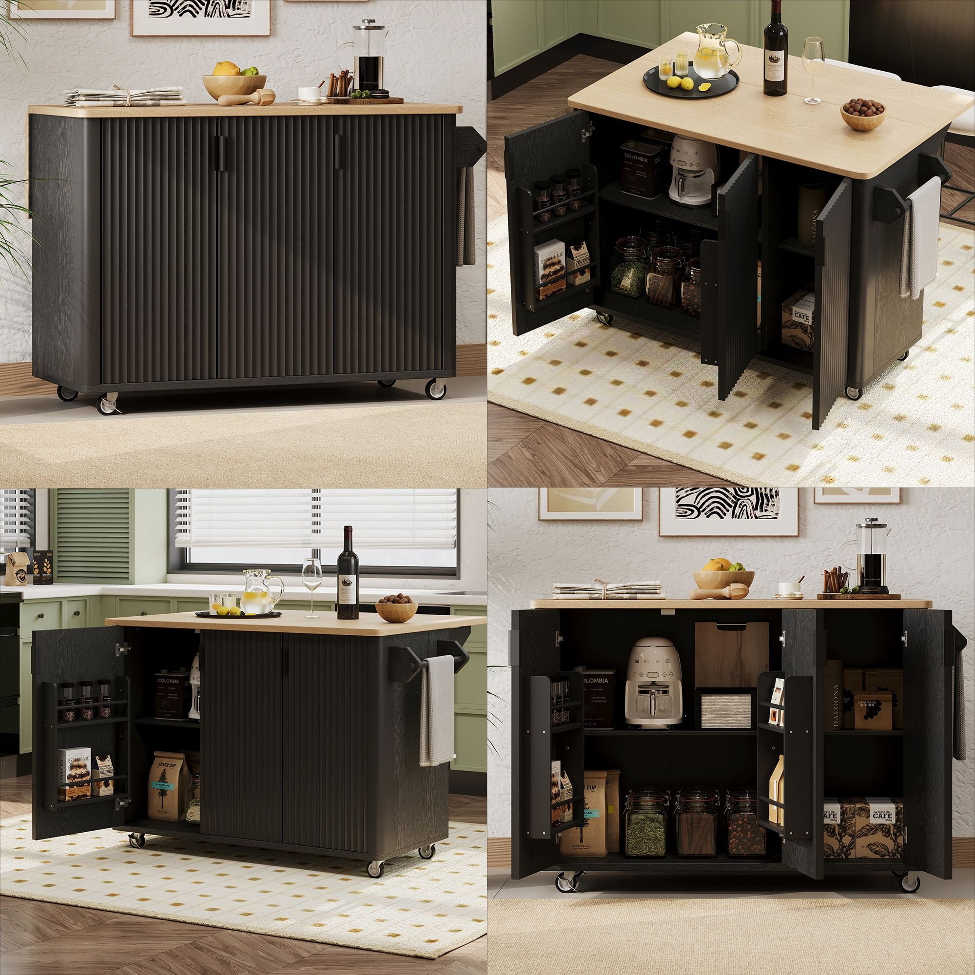 Alvantor 51" Fluted Kitchen Island with Storage, Drop Leaf Cart, Towel Rack, Black Ash