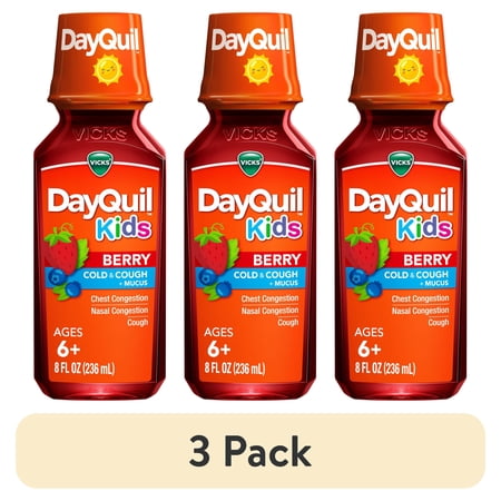 (3 pack) Vicks DayQuil Kids Cold and Cough and Mucus for Cough and Cold Relief, Berry Flavor, 8 fl oz