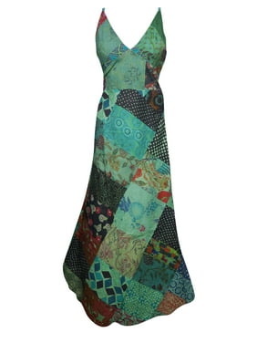 Mogul Womens Deep V-Neckline Patchwork Maxi Dress Floral Print Boho Chic Gypsy Long Sundress SM
