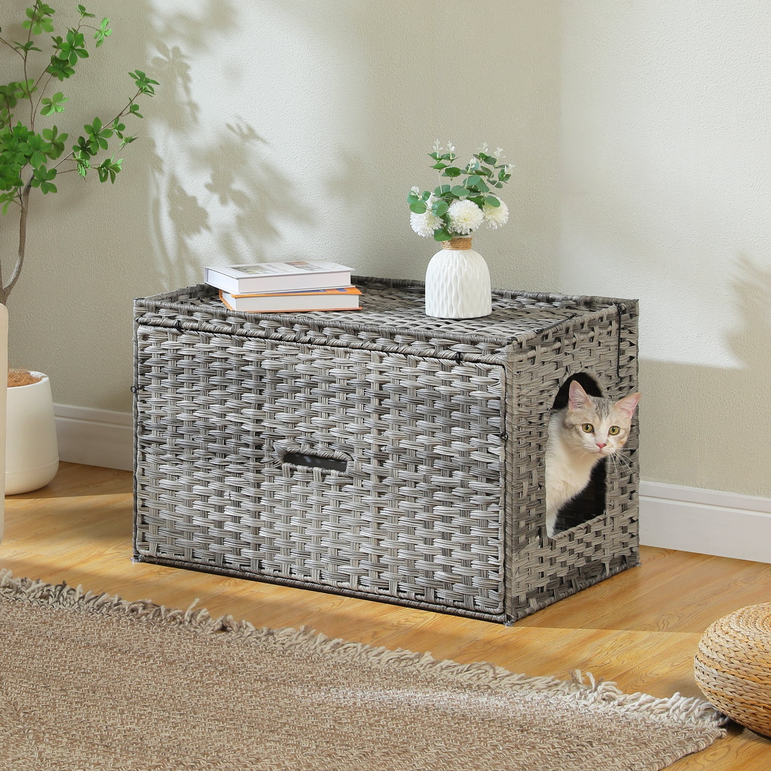 PEQULTI Rattan Cat Litter Box Enclosure Pet House with Taller Doorway for Large Cats Indoor Gray