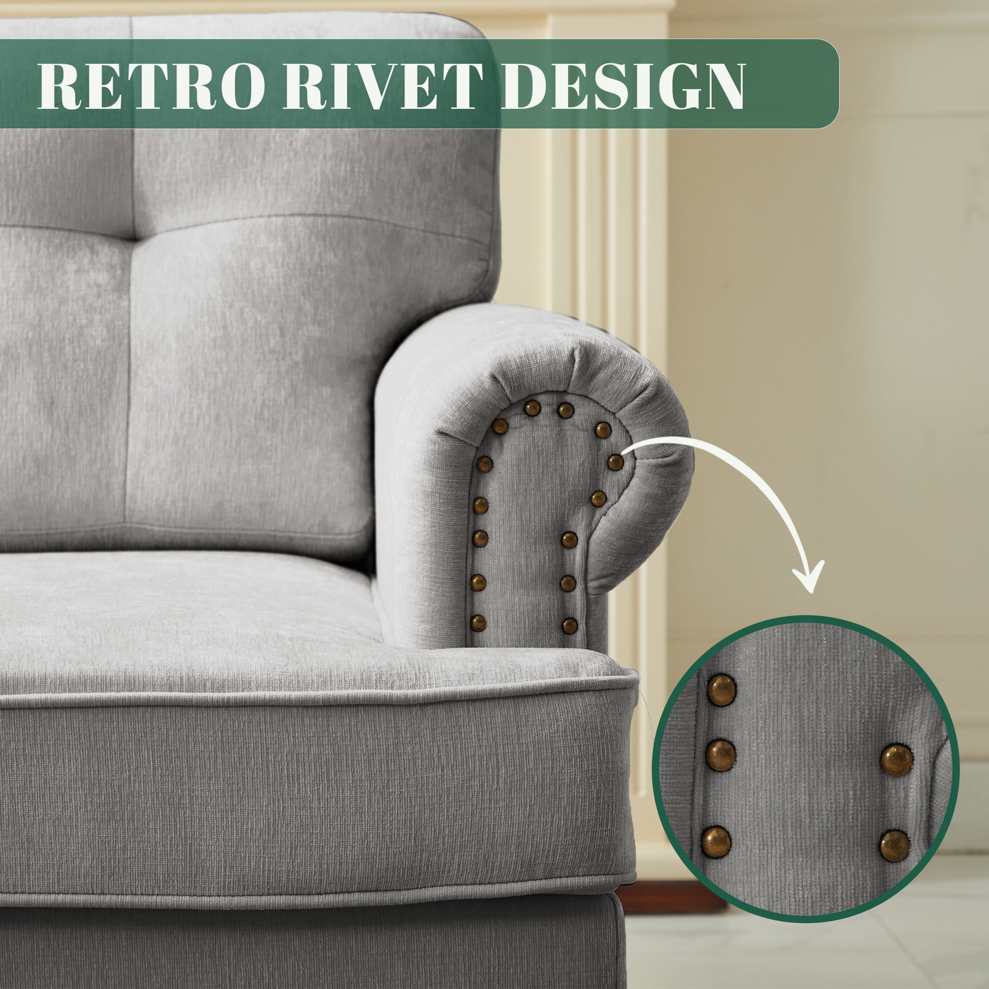 JUSTLET 3 Piece Living Room Sofa Set, Chenille Upholstered Sectional Sofa Couch with Nailhead Trim, Including 3-Seater Sofa, Loveseat and Single Sofa Chair for Apartment Living Room, Light Gray