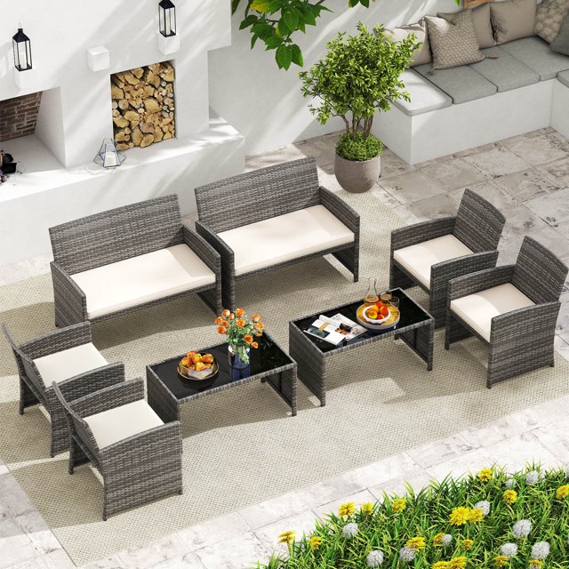 Costway 8 PCS Patio Conversation Set with Seat Cushions & Tempered Glass Tabletop, Outdoor White + Gray