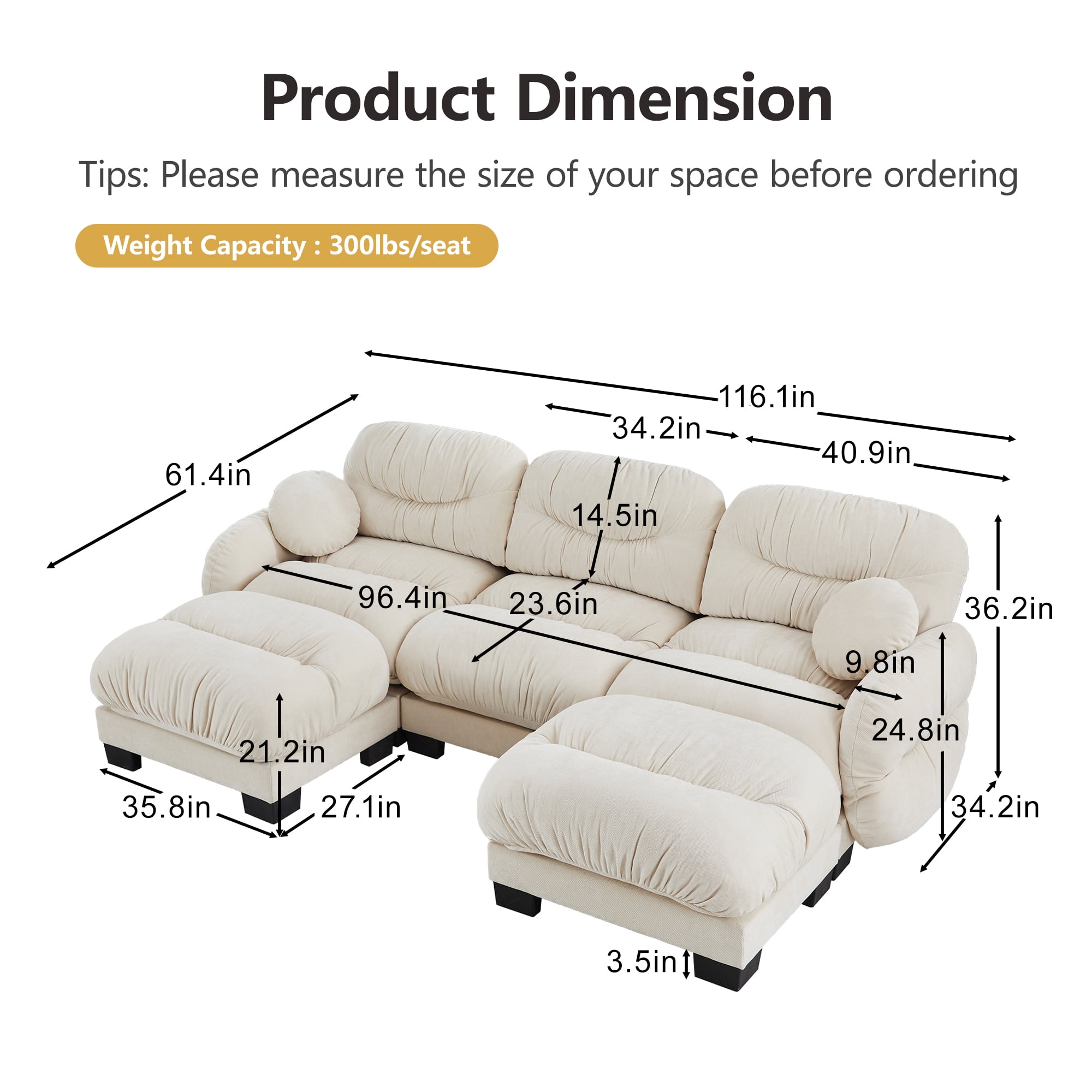 116" 3 Seater Sectional Couch Cozy Chenille U Shape Modular Sofa with 2 Ottoman and 2 Throw Pillows