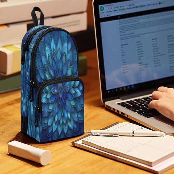 Backpack Pencil Case, 3 Compartment Large Capacity Oxford Fabric Pencil Pouch / Blue Glass Feathers Pattern