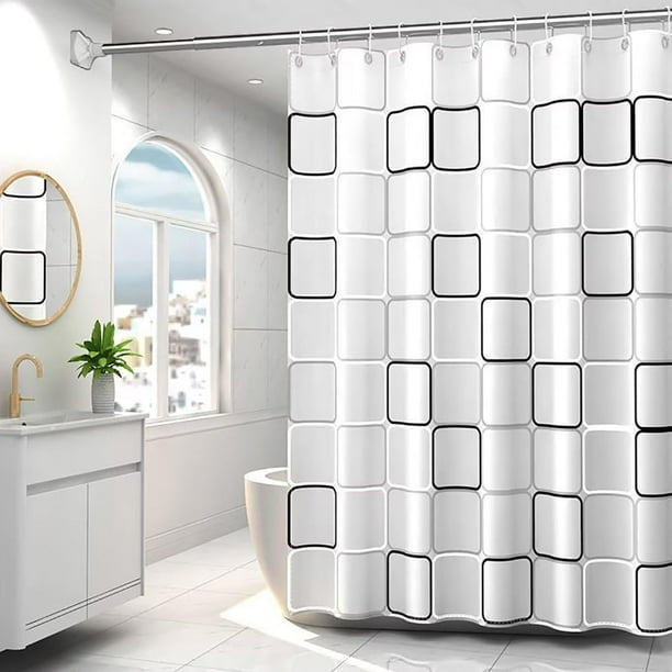 Cortina de Ducha para Baño, Cortinas de Regadera Impermeable de Patrón Cuadrado Grande con Ganchos, Cortina de PEVA Antimoho, para Duchas de Baño y Bañeras