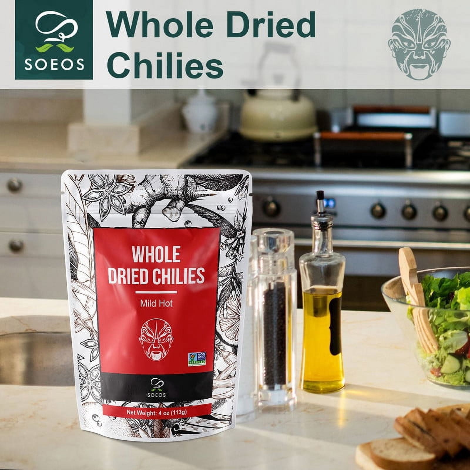 Soeos Whole Dried Chilies, Mild, 4 oz, 2 Packs, total weight 8 oz, Chili