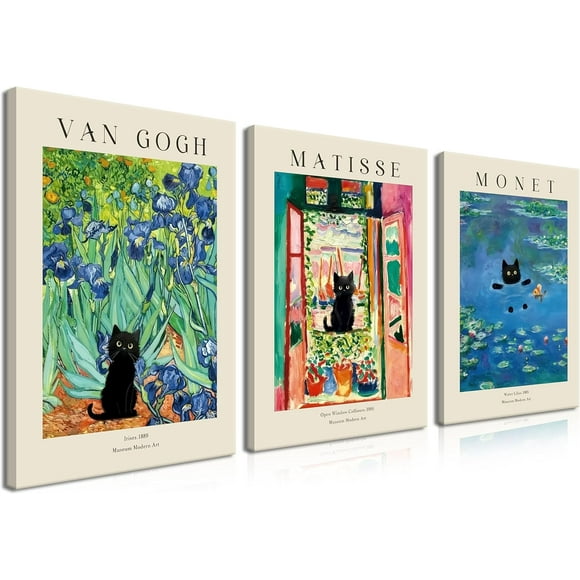 TRAHOO-Monet Wall Art Set of 3 - Van Gogh Black Cat Flower Field Canvas Paintings Prints, Matisse Abstract Black Cat Aesthetic Pictures for Room Bedroom Living Room Bathroom 12x16 in Framed