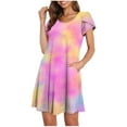 thumbnail image 5 of SHOPESSA Women's Round Neck Petal Short Sleeve With Pocket Ruffle Hem Tunic Dresses for Women, 5 of 7