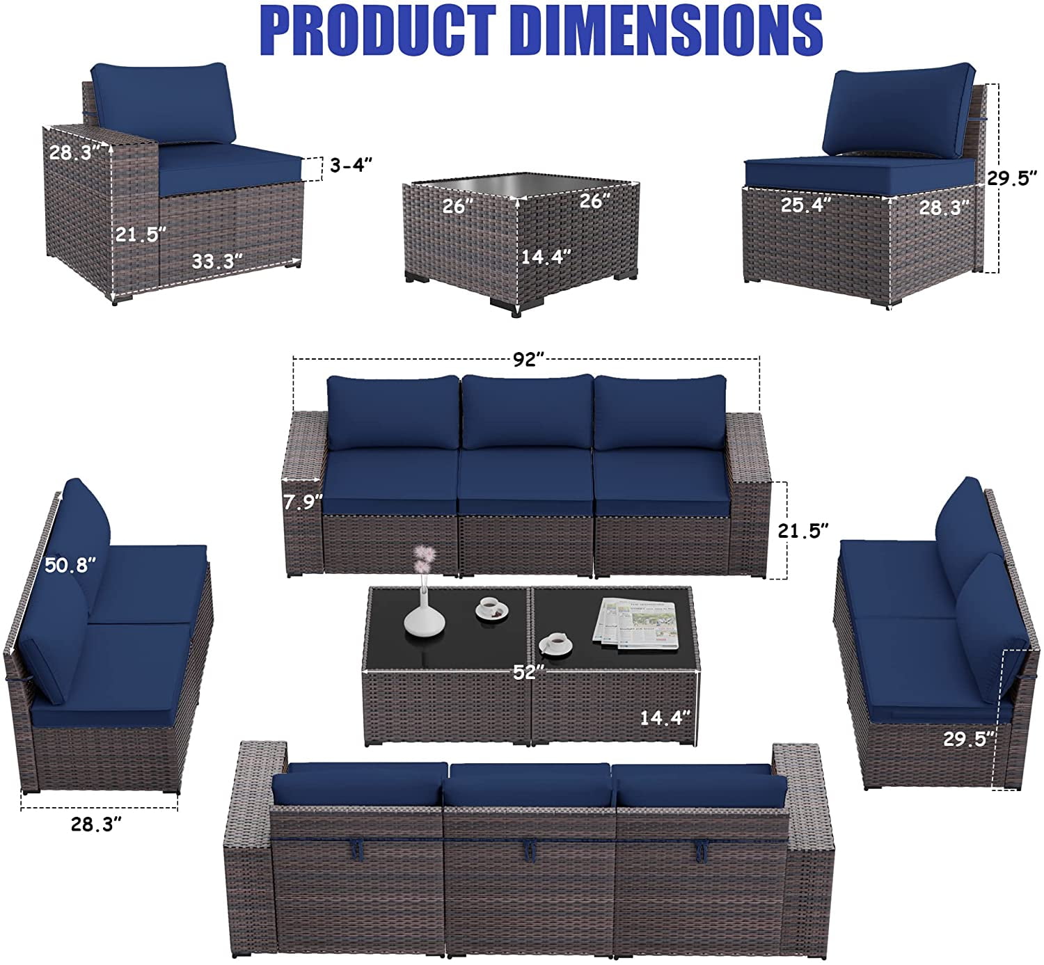 Gotland 12 Pieces Outdoor Patio Furniture Set PE Rattan Wicker Conversation Set w/10 Seats and 2 Coffee Tables