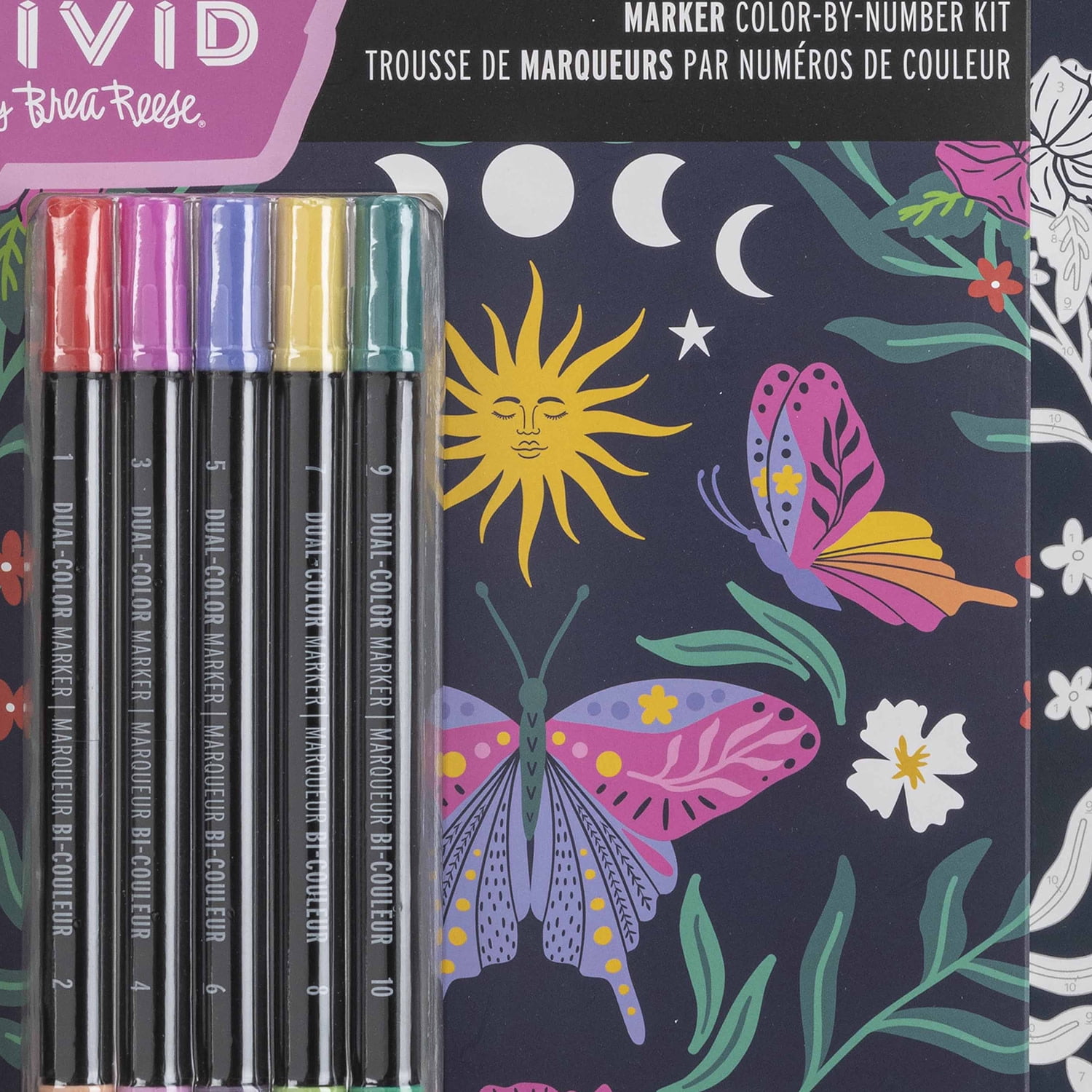 Vivid by Brea Reese: Marker Color-By-Number Kit - Whimsical Botanicals - 5 Dual-Sided Markers, 12 Coloring Pages, Nature-Animal Theme, Spiral Art Pad