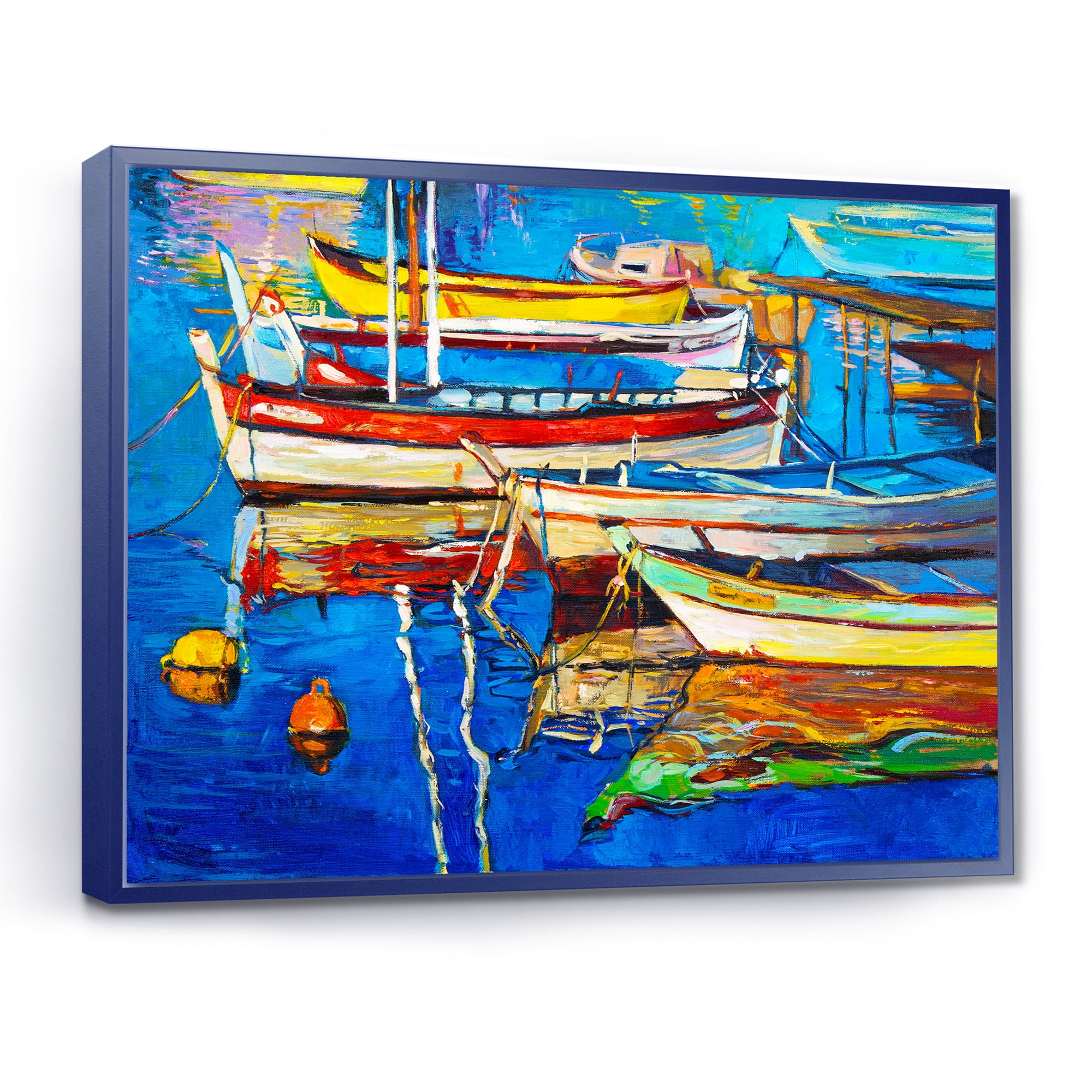 Designart 'Boats Near Coastal Town Resting On The Water II' Nautical & Coastal Framed Canvas Wall Art Print