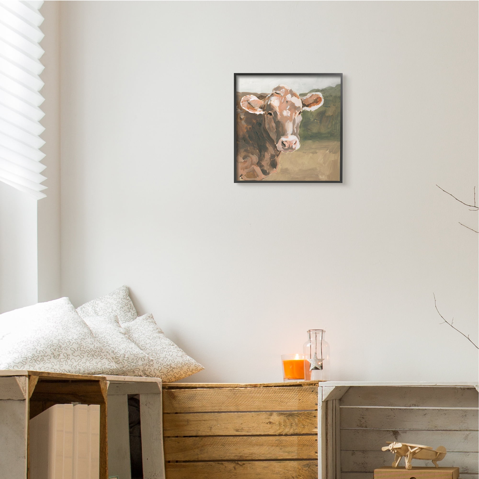 Stupell Industries Soft Country Meadow Cow Quaint Farm Animal Animals & Insects Painting Black Framed Art Print Wall Art, 12 x 12