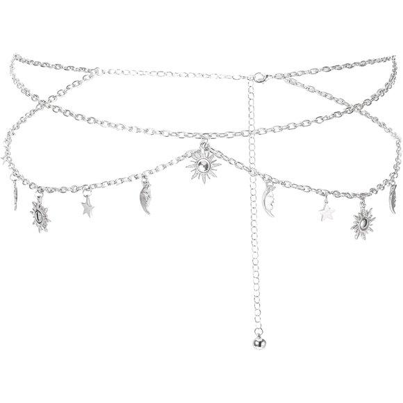 Qianyu Gold Chain Belt Metal Adjustable Waist Link Belt Elegant Multilayer Skinny Chain Waistband Sun and Moon Decor Belts for Women Christmas Dresses Western Jeans Sweater Halloween