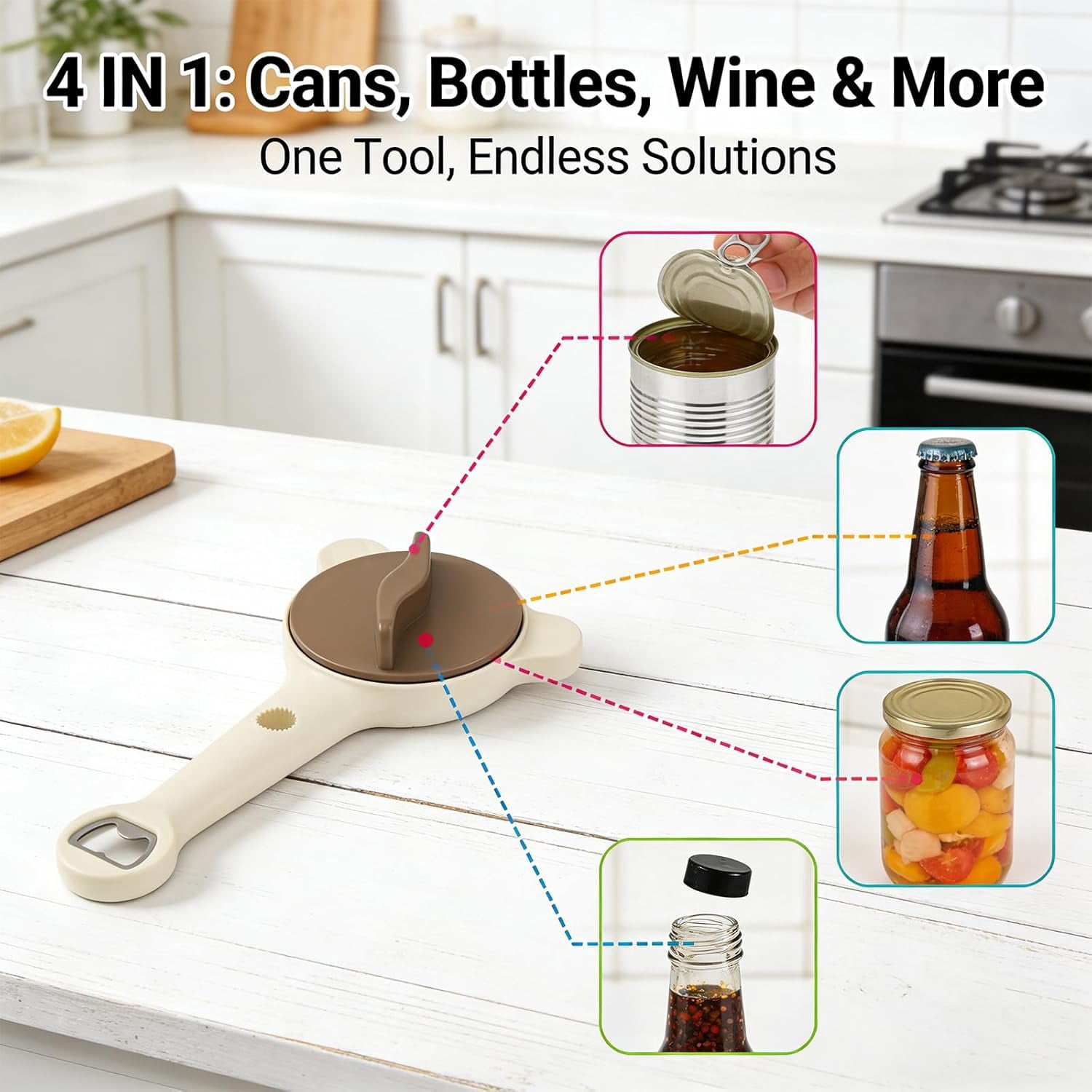 FRKSMD-2Pcs 4-in-1 Jar Opener with 4 Hooks - Adjustable Stainless Steel Lid Remover for Seniors & Arthritis Sufferers, Easy Grip Opener for Kitchen Jars, Bottles & Cans