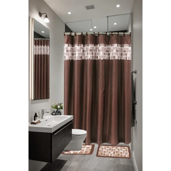 Gorgeous Home Linen 15pc Square Design Mosaic Brown Bathroom Set Banded Rubber Backing 2 Rug Bath Mats With Fabric Shower Curtain with Hooks