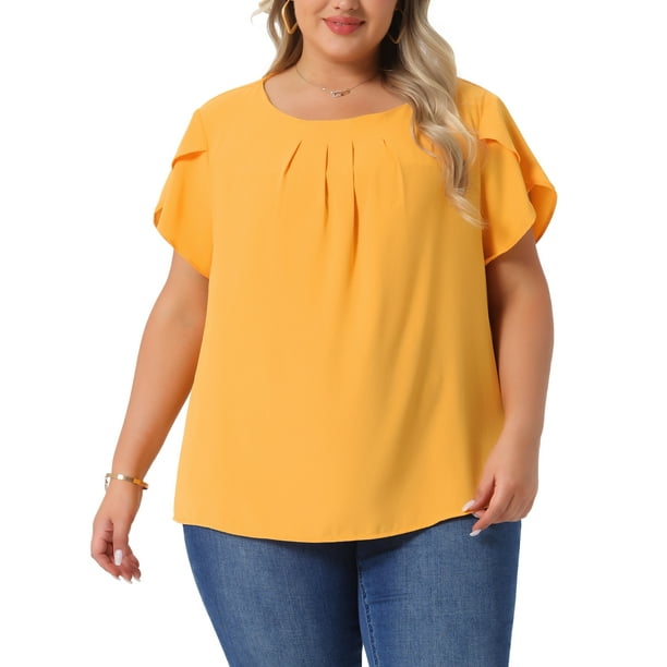 Blusas de verano con mangas cortas y cuello redondo para mujer de tallas grandes Agnes Orinda, con pliegues y mangas de tulipán, 3X, amarillas