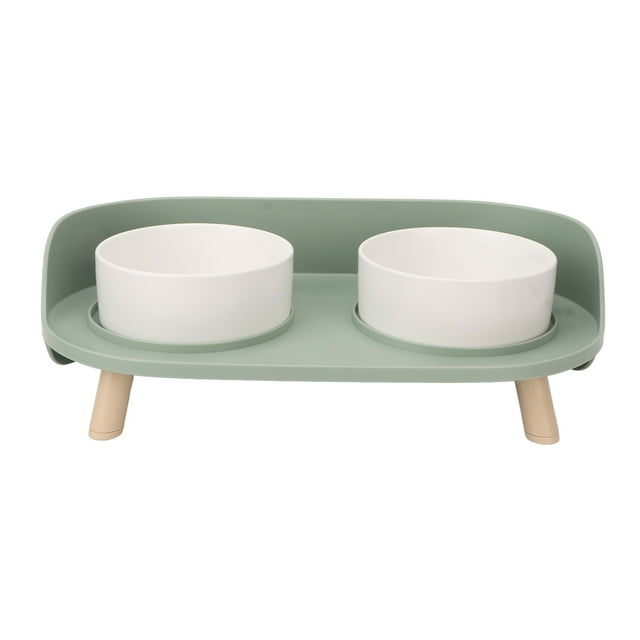 Elevated Cat Food Bowls, Prevent Spill Easy Cleaning Slip Resistant Ceramics Cat Raised Bowls Cervical Spine Protection For Healthy Eating White,Green