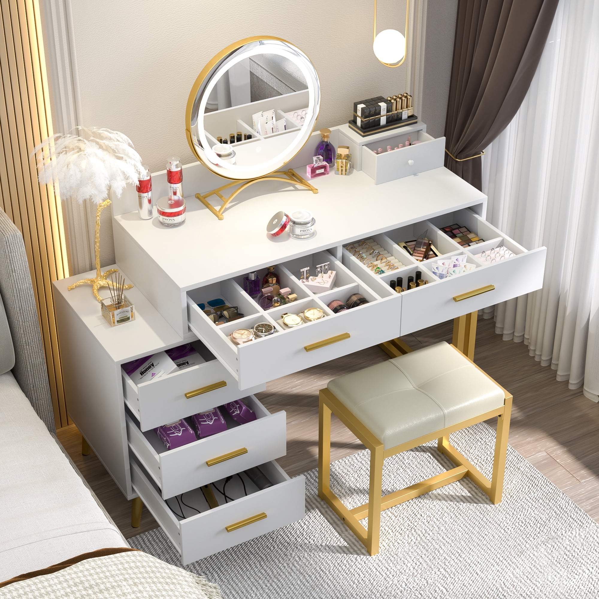 Homieasy White Vanity Desk with Mirror and Lights, Modern Makeup Vanity Table Set with 6 Storage Drawers and Cushioned Stool for Bedroom, Dressing Table with Divided Organizers for Women , White