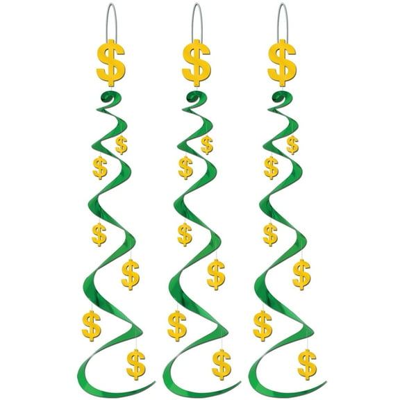 Party Central Club Pack of 18 Green and Yellow Dollar Sign Whirl Hanging Decorations 30"