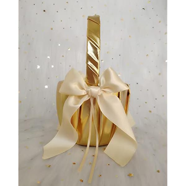wonima44 Flower Girl Basket and Ring Bearer Pillow with Satin Ribbon Bow Decor Wedding Ceremony Anniversary Vow Renewal Party Favor-Gold & Beige Basket