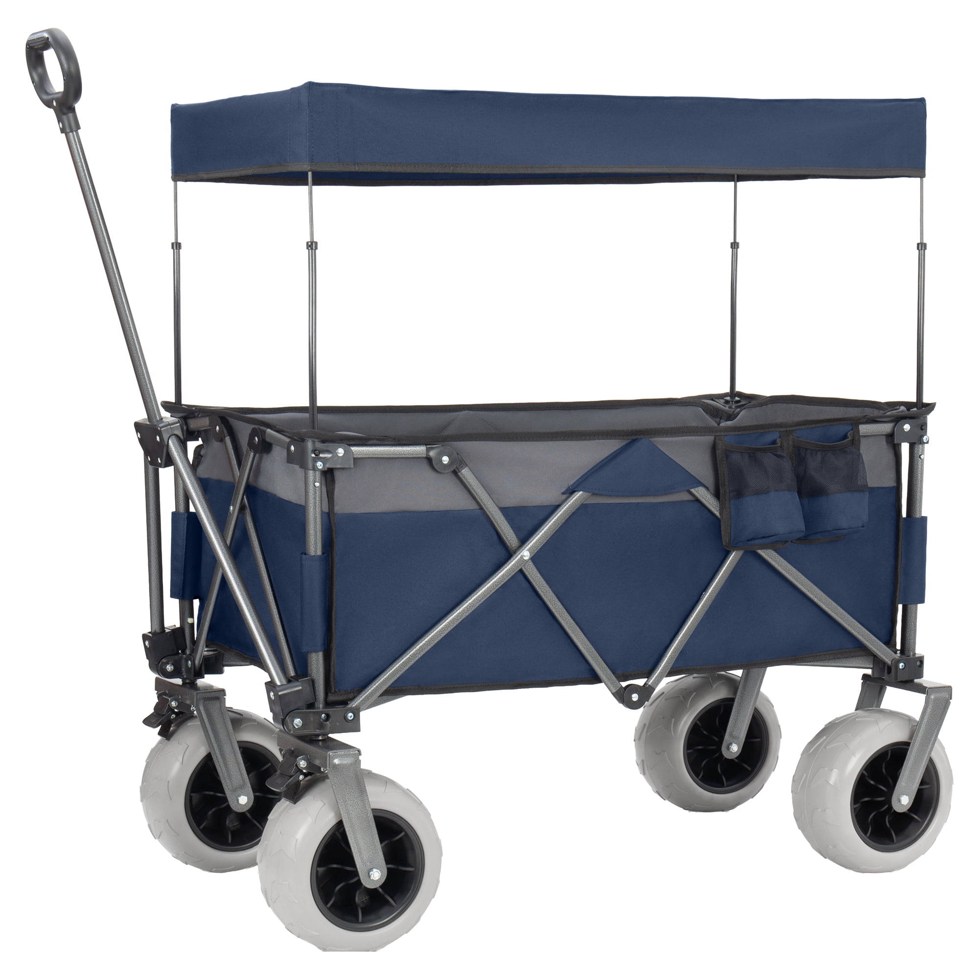 Foldable Utility Wagon with Removable Awning Canopy, 9"×4" All-Terrain Balloon Wheels, 480LBS 120L Heavy Duty Beach Cart Adjustable Handle for Camping Shopping