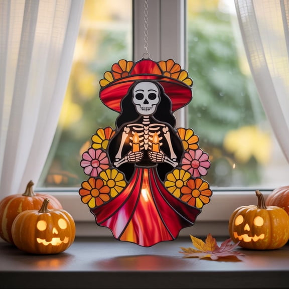 Day of the Dead Acrylic Suncatcher Día de los Muertos Window Hanging, Mexican Skeleton Decor, Halloween Stained-Glass Style Ornament