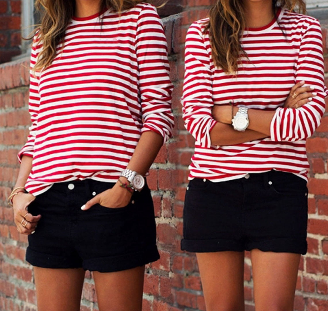 HIRIGIN Casual Women Red White Striped 