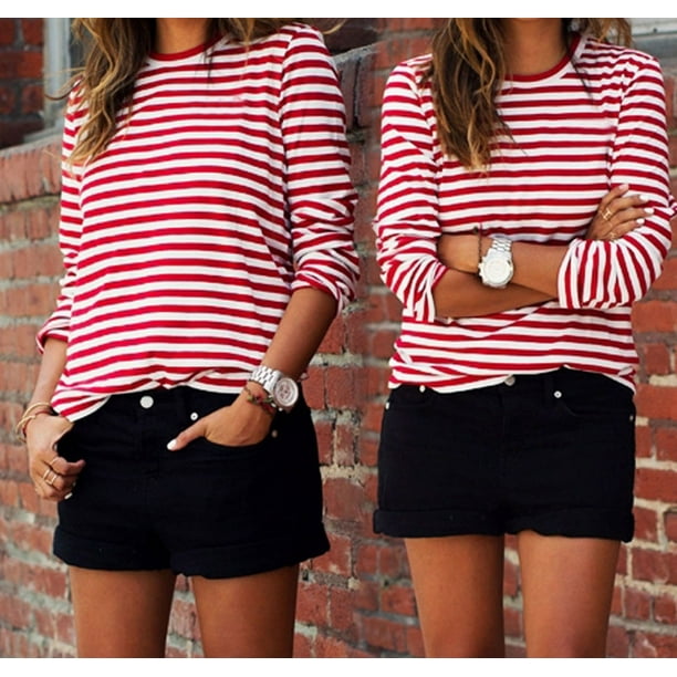 HIRIGIN Casual Women Red White Striped Long Sleeve T Shirt Cotton Loose  Shirt Female Basic O-Neck Tops Tee Autumn pullovers