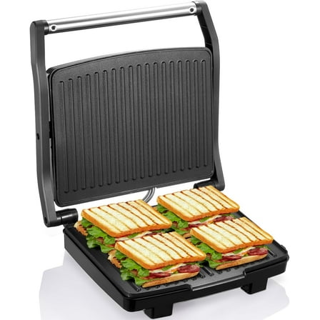 Panini Press Grill, Gourmet Sandwich Maker, Electric Indoor Grill with Non-Stick Cooking Plate and Removable Drip Tray, Easy to Clean, Stainless Steel