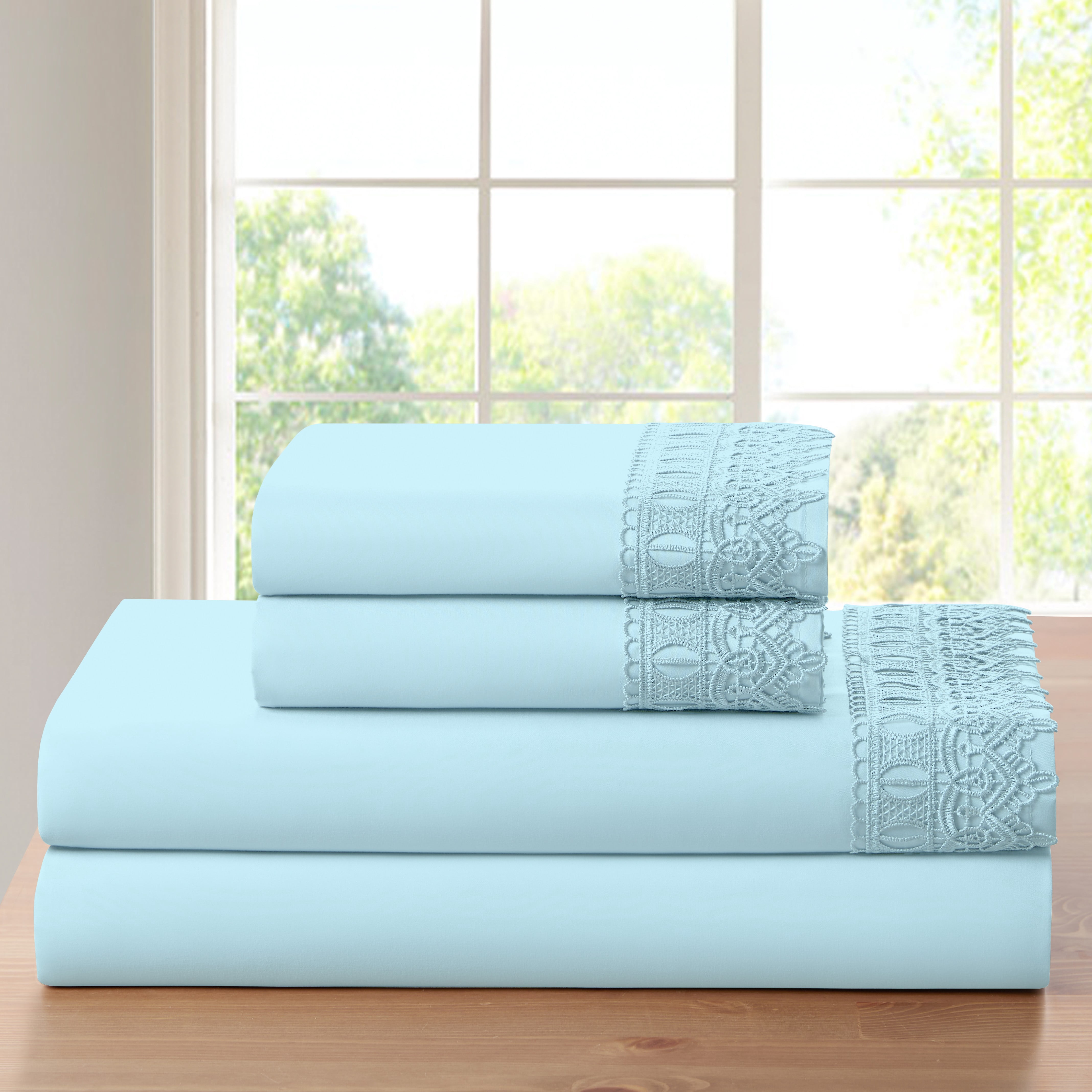 Bamboo Comfort Lace Crochet Embroidery 4 Piece Sheet Set - Aqua - Queen