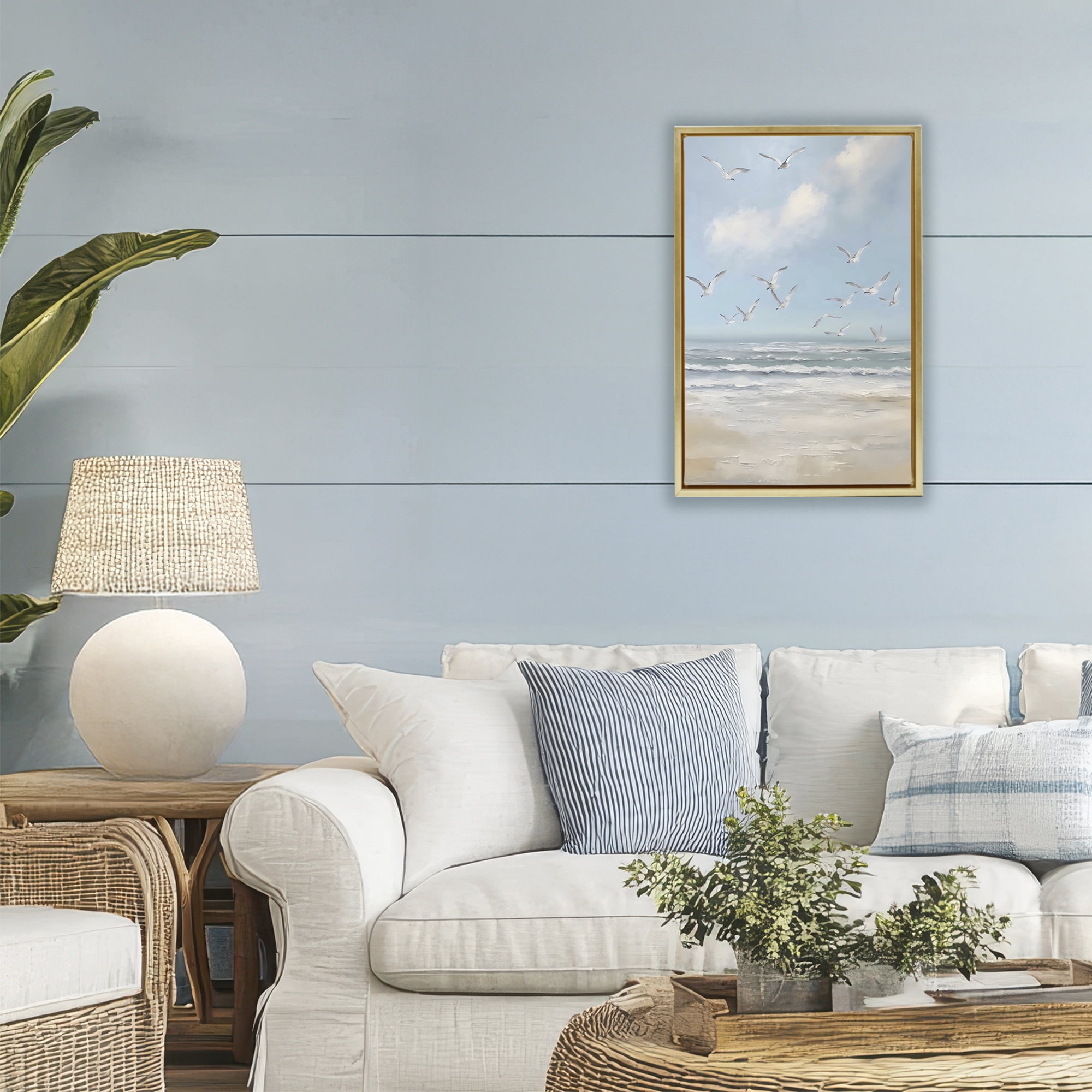 Stupell Industries Ocean Flight Seagulls Gold Framed Floater Canvas Wall Art, design by Creative Studio