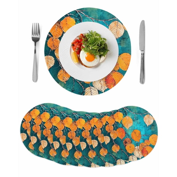 Orange Leaf Round 15 Inch Placemats Set of 8, Abstract Oil Painting Branch Turquoise HeatResistant Non Slip Place Mats for Dining Table, Wipeable Braided Kitchen Table Mats for Housewarming