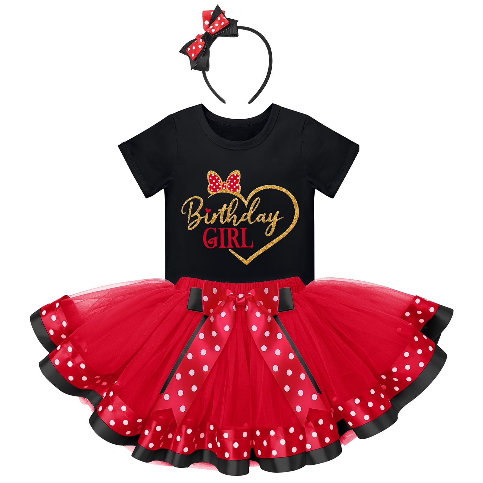 IBTOM CASTLE Toddler Girls Birthday Outfit Polka Dots Tops Tutu Skirt Mouse Ears Headband for Cake Smash Photo Shoot 4 Years Black + Red - Love Heart