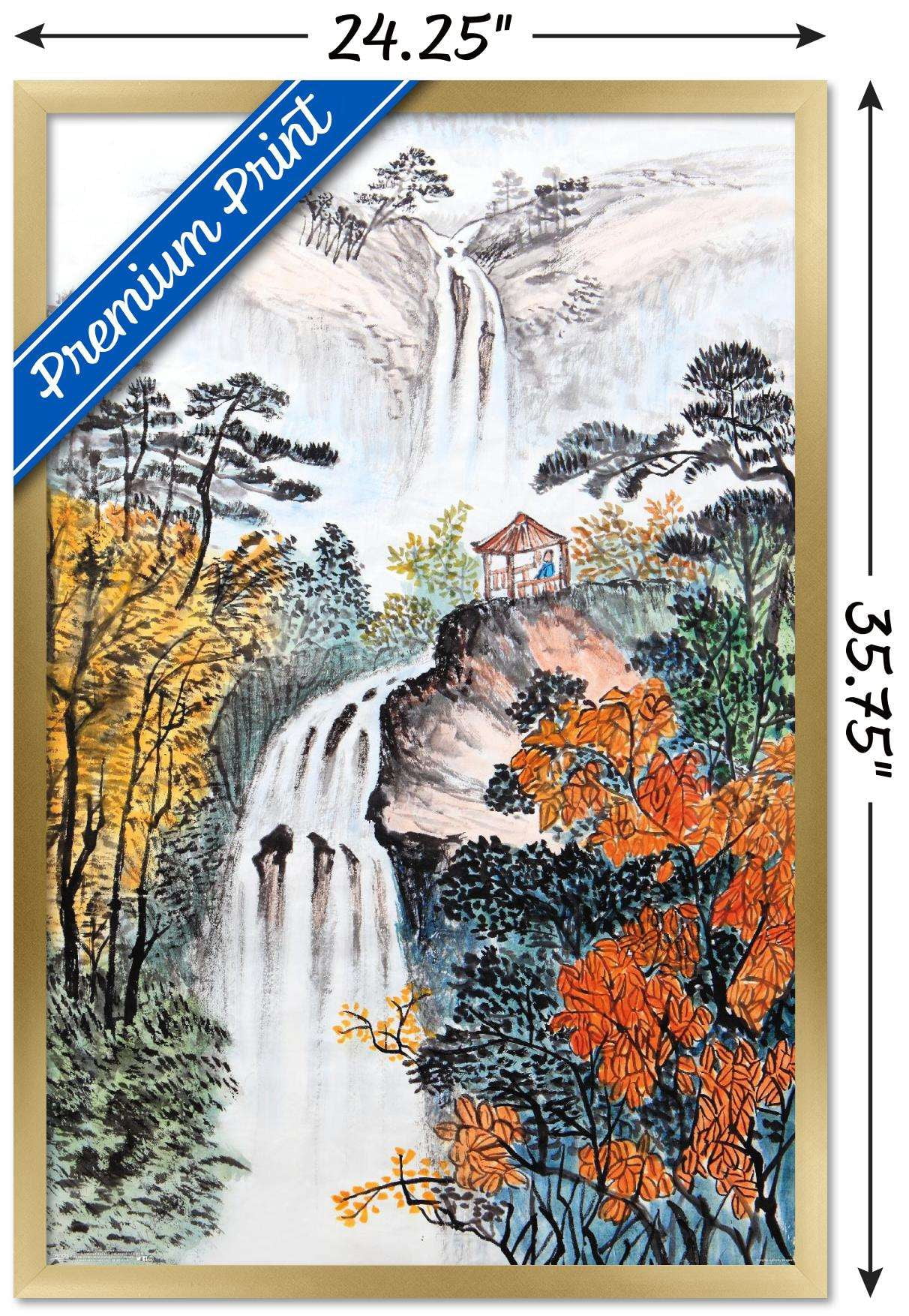 China Landscape with Waterfalls Wall Poster, 22.375" x 34", Framed