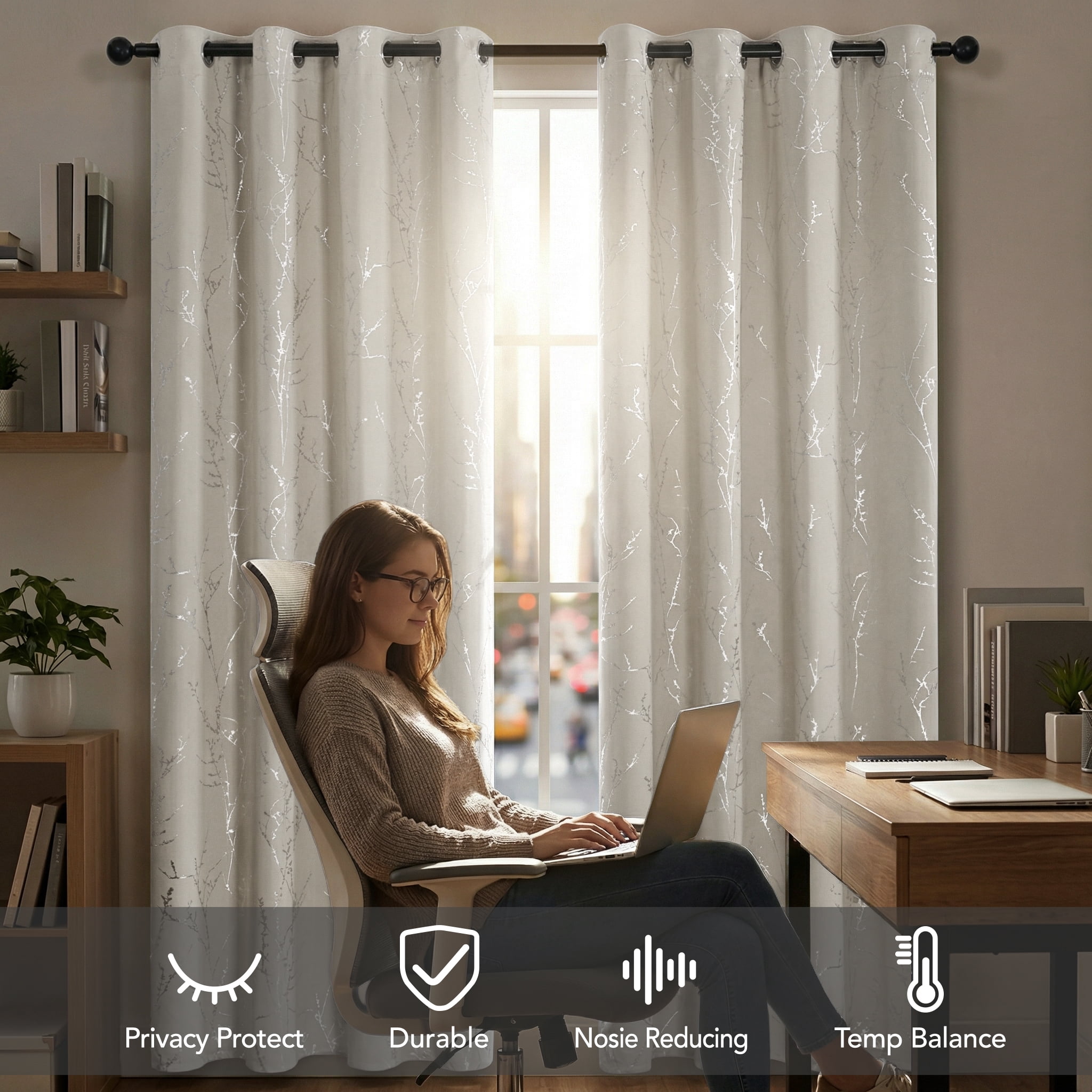 ZOPZO Blackout Curtains, Thermal Insulated, Light Beige, 52W x 84L Inch, Room Darkening Drapes Tree Branches Pattern for Bedroom Modern Home