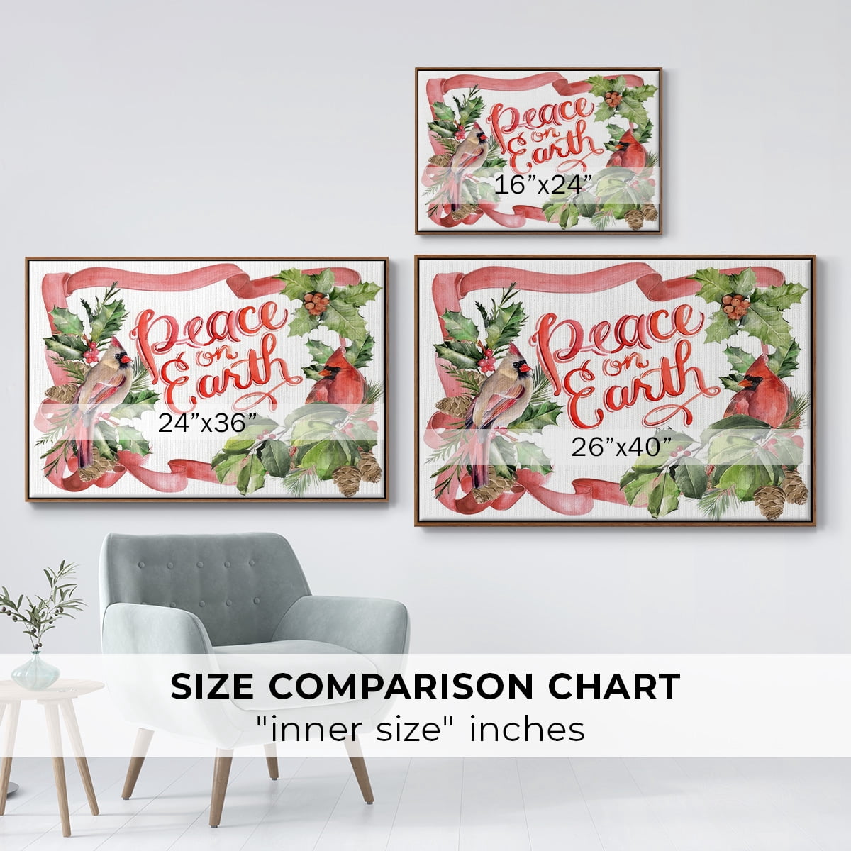 Cardinal Holly Christmas Collection A - Framed Gallery Wrapped Holiday Canvas - 27 x 41 - Rosewood Frame