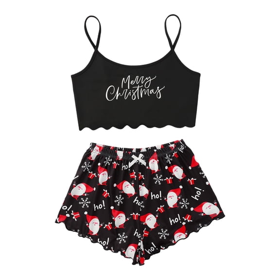 IMENGL Pajama Sets for Women Onesises Christmas Crop Tops with Shorts Round Neck Camisole Cute Sleepwear Loungewear Women's Pajamas Set,Black