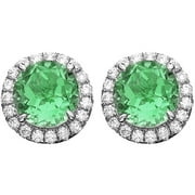 Platinum-Plated Sterling Silver Round-Cut Green Obsidian Pave CZ Earrings