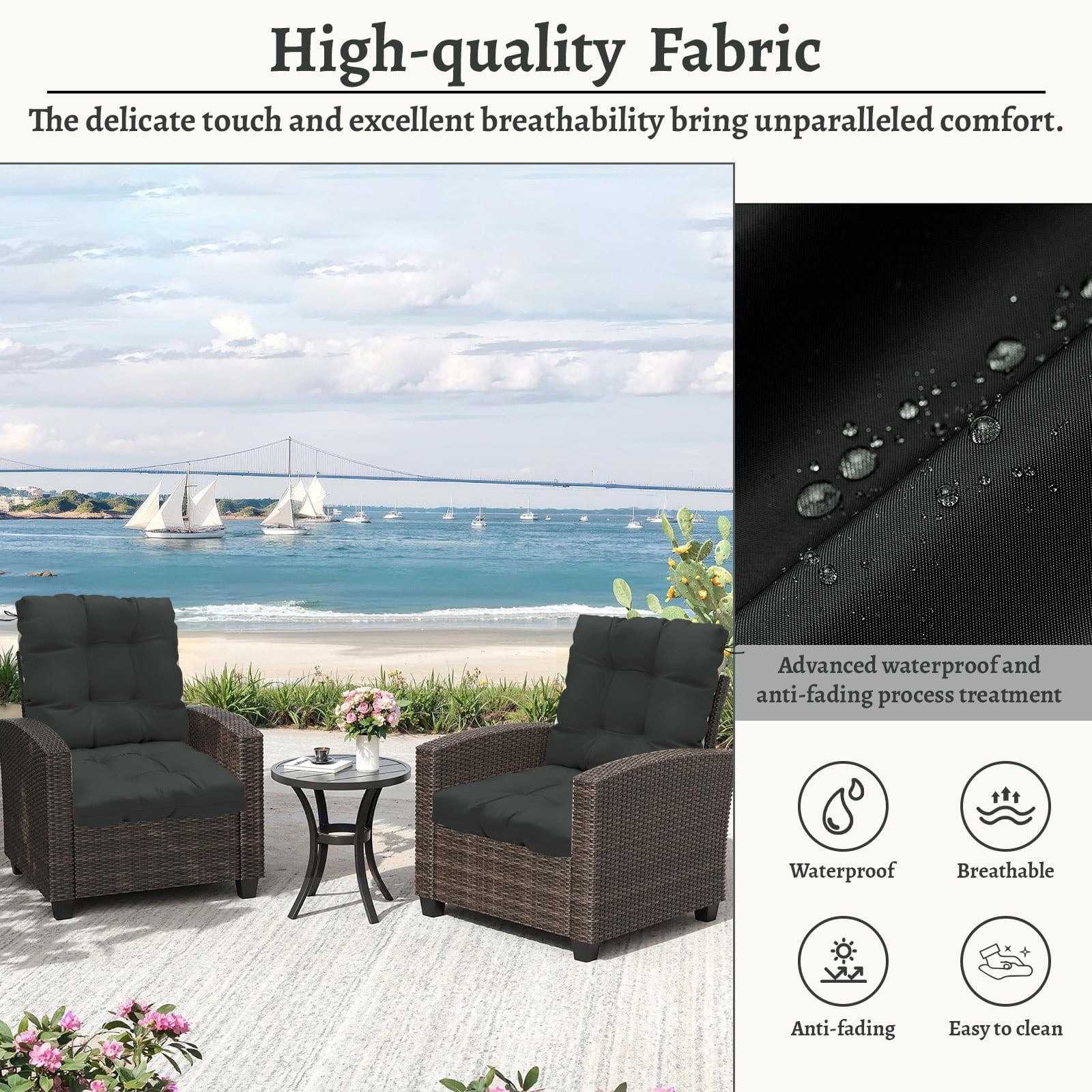 Outdoor High Back Chair Cushions Set of 2, 42"x21"x4" Tufted Waterproof Patio Cushion for Rocking & Dining Chairs, Soft Seat Pad with Ties, Fade-Resistant Indoor Outdoor Use