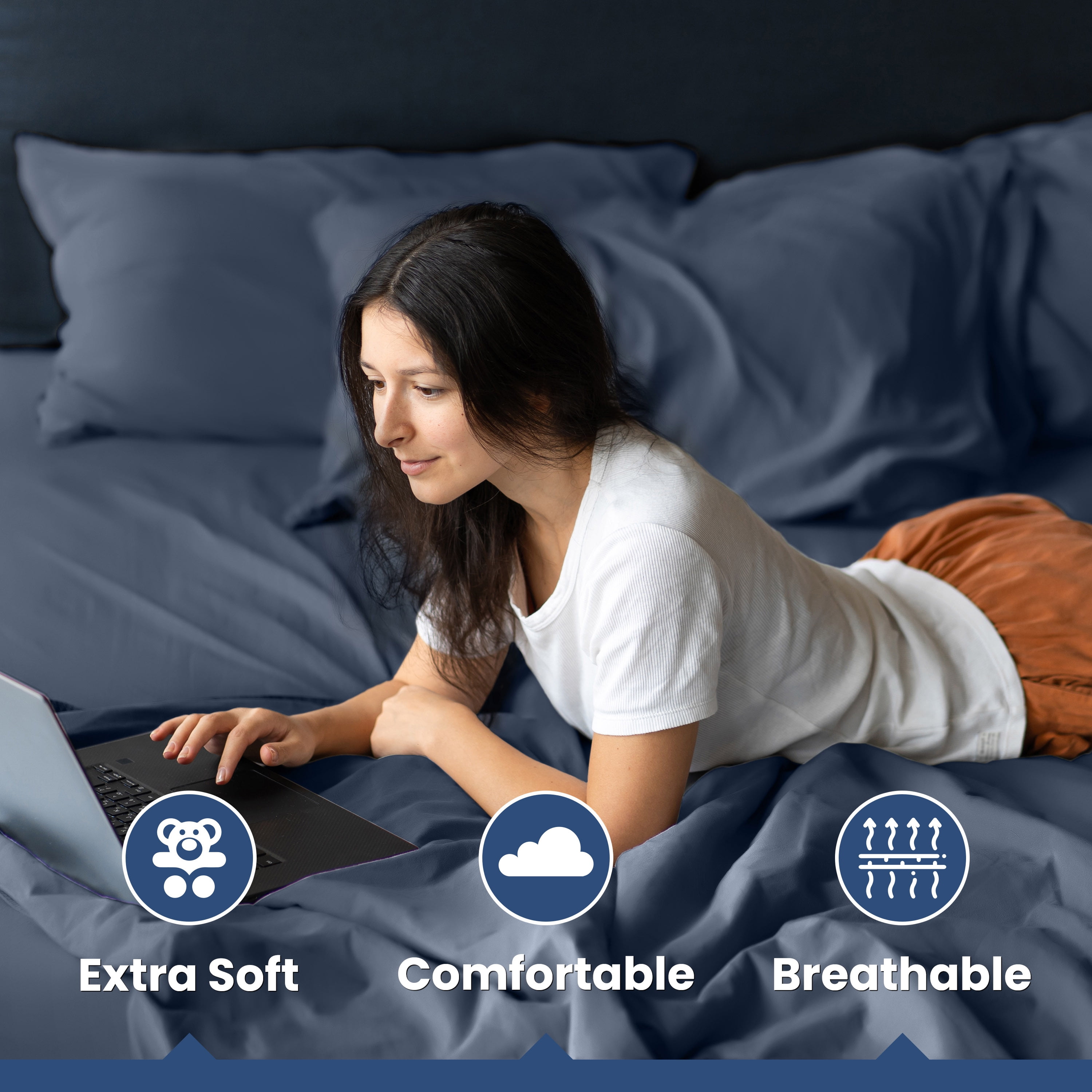 Soft Lightweight 400TC 100% Cotton Sateen Bed Sheet Set – 4-Piece Full – Navy